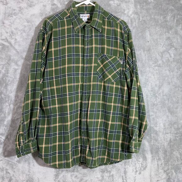 Carhartt Flannel Fleece Shirt Jacket Men's Sz XL Green plaid Shacket outdoors * - Picture 1 of 11